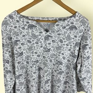 Croft & Barrow Split Neck Popover Top Knit Cotton Gray‎ White Dove Floral XL
